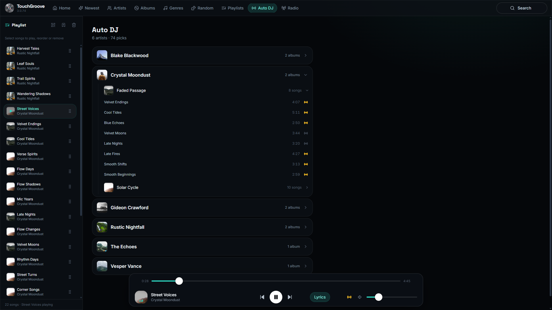 Auto DJ tab in TouchGroove