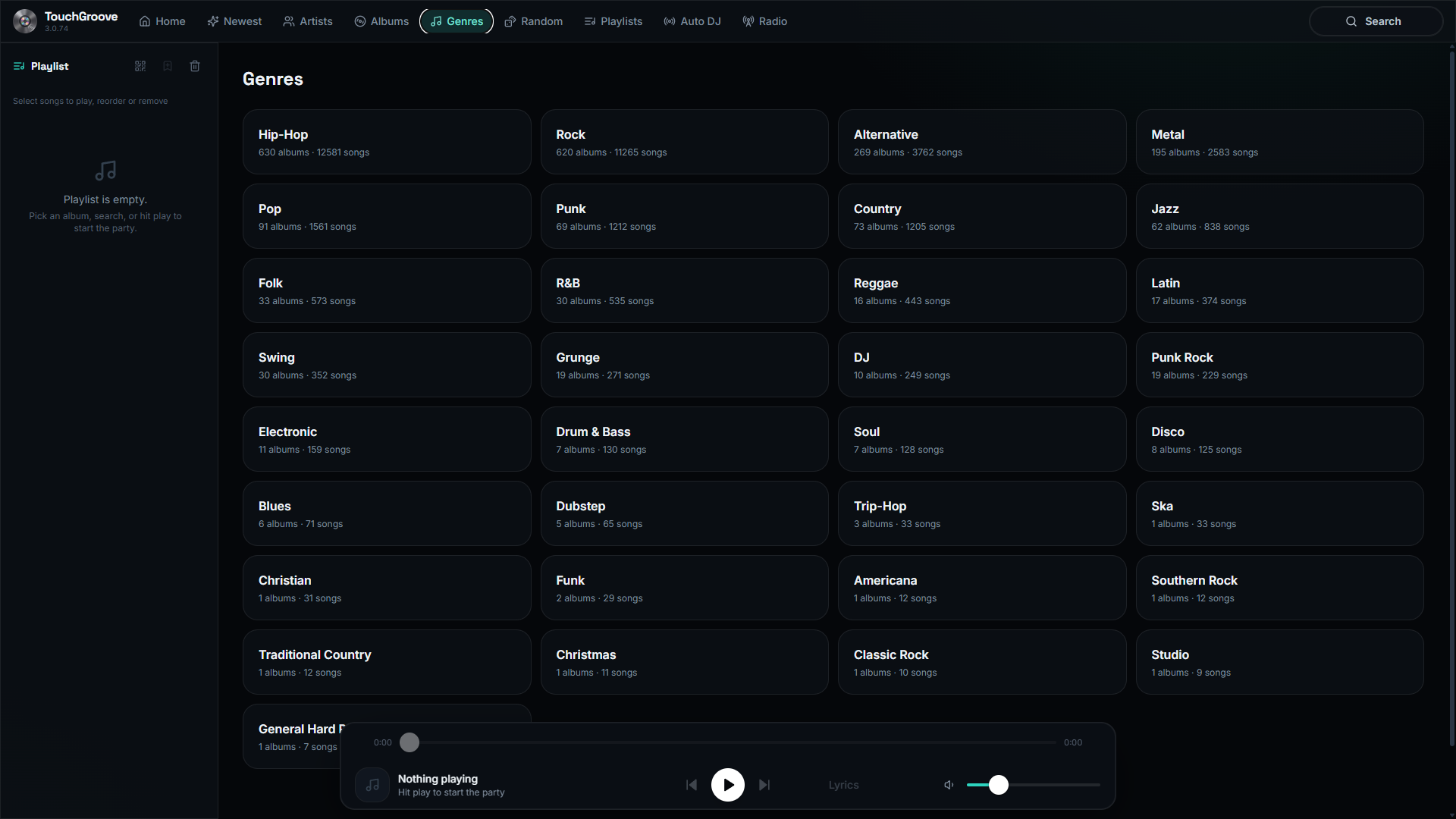 Genres tab in TouchGroove
